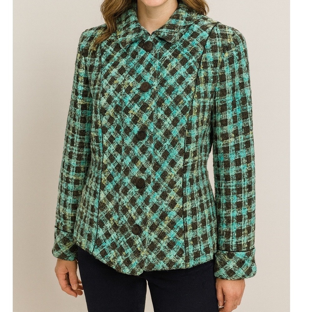 Sigrid Olsen Green Teal Brown Check Tweed Silk Blend Lined Jacket‎ Blazer 12